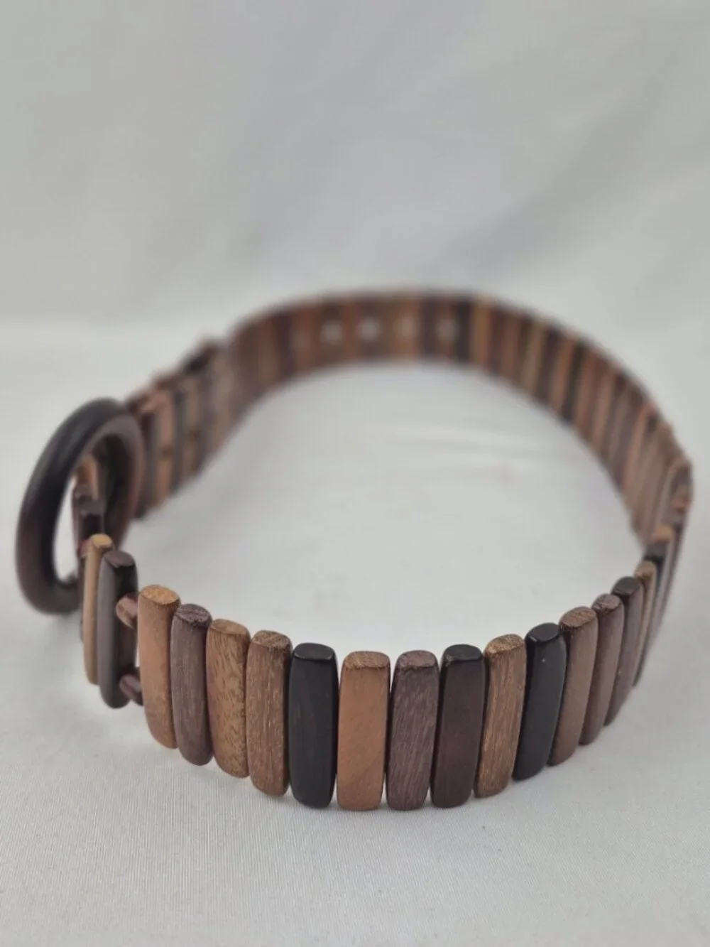 Vintage Boho Multi-Wood Slat & Bead Articulated Link Belt Round Wood Buckle